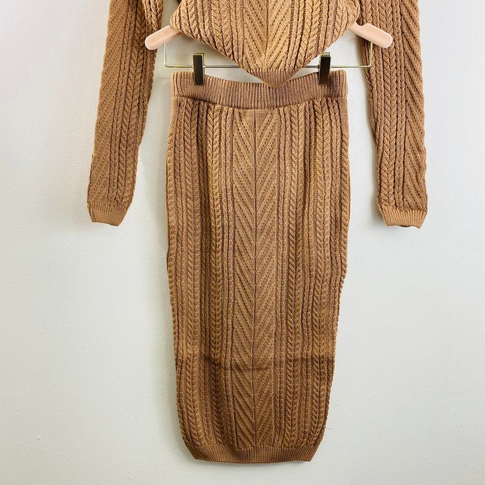 2 Piece Tan Knitwear Crew Neck Sweater Skirt Set - Picture 10 of 11